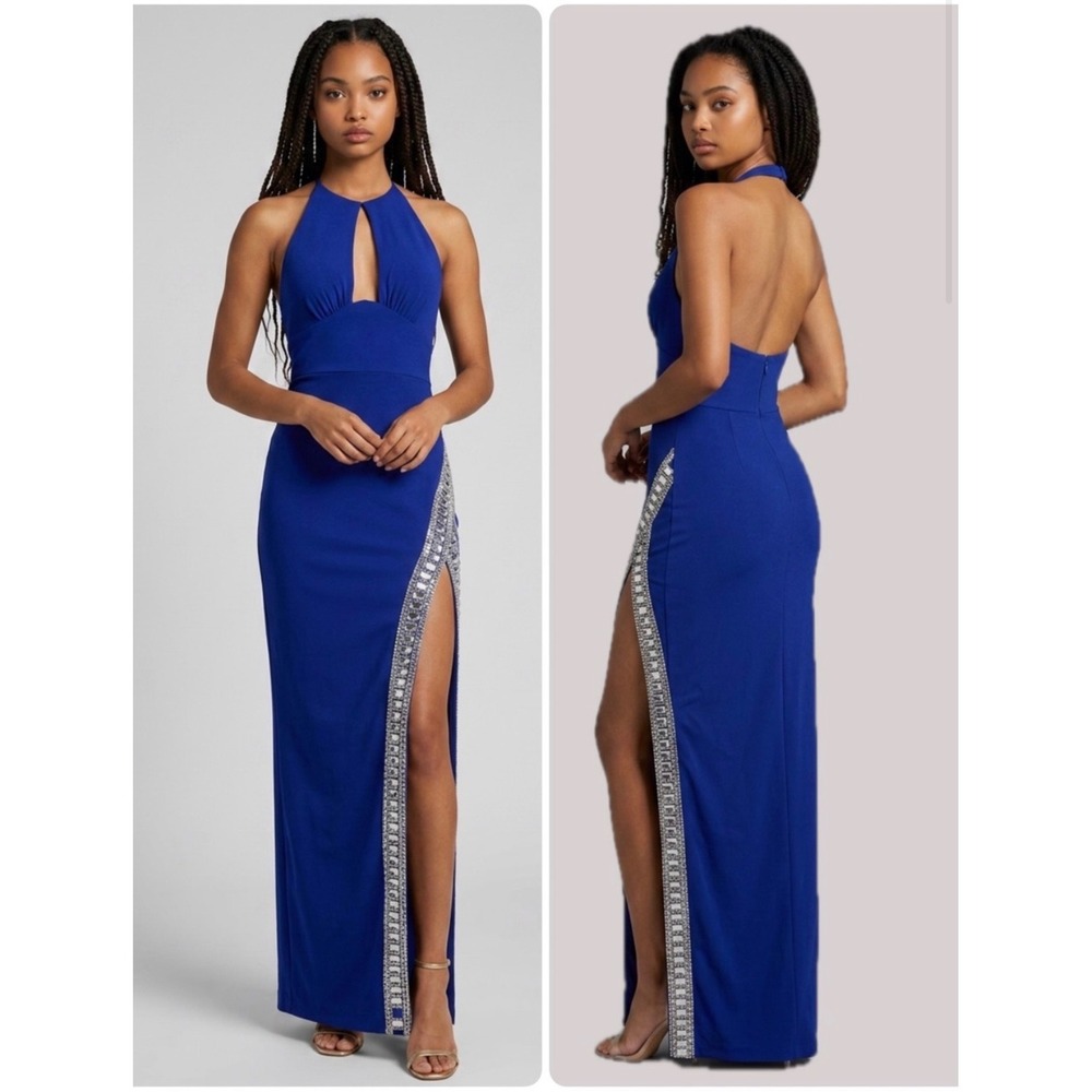 Mac Duggal 42053 Cobalt Blue Halter Keyhole Crystal Slit Gown Size 0